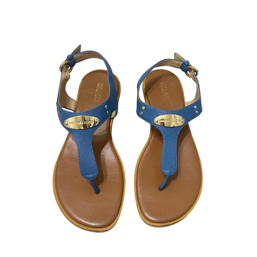 Michael Kors Plate Thong Sandals Women 6M‎ Blue Saffiano Leather Flat Logo